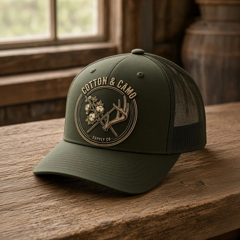 Badge Trucker Hat front mockup (AI mockup)
