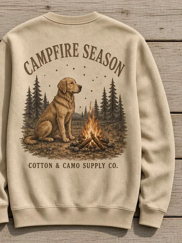 Campfire Season Crewneck front mockup (AI mockup)